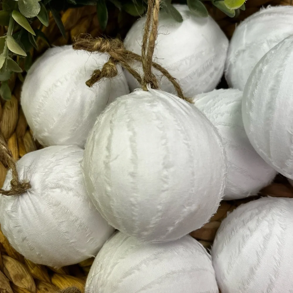 10 Snow White snowballs rag balls Christmas tree ornaments farmhouse bowl filler